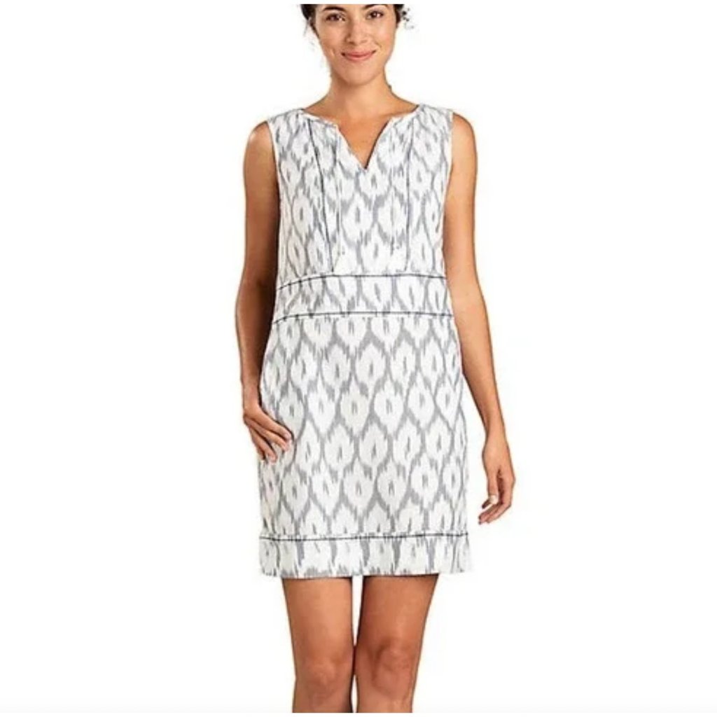 Toad &Co Size S Shakti Ikat Dress White Grey Sleeveless Front Tie 100% Cotton